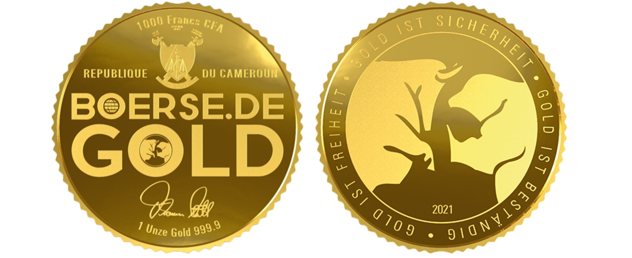 1 Unze boerse.de-Gold als Münze. Links sieht man die Vorderseite und rechts die Rückseite der Münze.